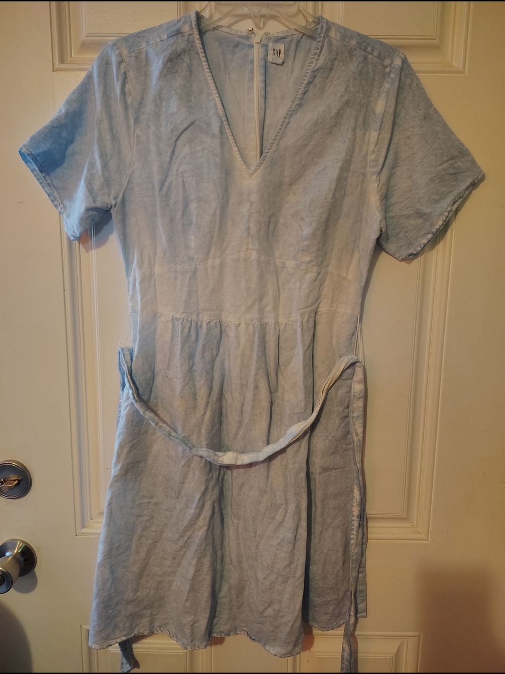 GAP Light Blue V-Neck Mini Dress with Waist Tie Tall4